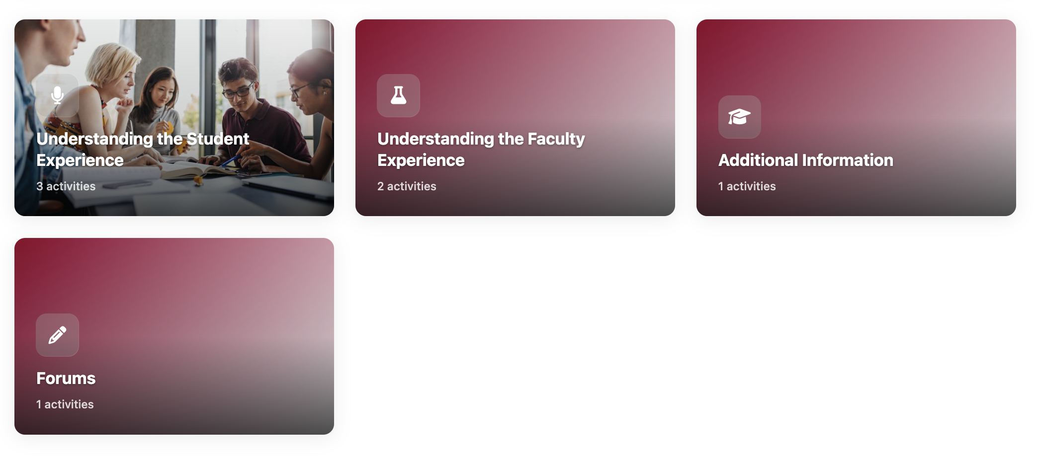 a screenshot of a course utilizing the Let's Study course format that includes cards without images and one with an image based on each section's content.